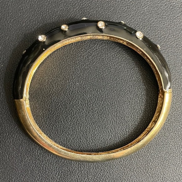 Vintage Black Enamel, Rhinestone & Gold‎ Tone Bangle Bracelet - Picture 1 of 9